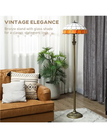 HOMCOM Tiffany-Style Floor Lamp with Handcrafted Stained Glass Shade, 152cm Tall Vintage Standing Lamp with Foot Switch and Dual