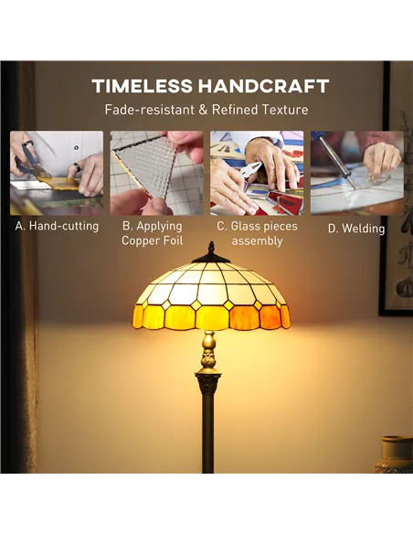 HOMCOM Tiffany-Style Floor Lamp with Handcrafted Stained Glass Shade, 152cm Tall Vintage Standing Lamp with Foot Switch and Dual