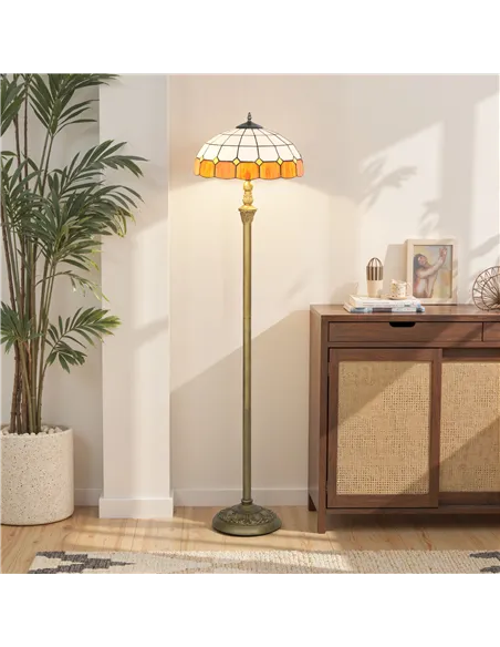 HOMCOM Tiffany-Style Floor Lamp with Handcrafted Stained Glass Shade, 152cm Tall Vintage Standing Lamp with Foot Switch and Dual