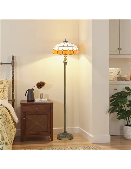 HOMCOM Tiffany-Style Floor Lamp with Handcrafted Stained Glass Shade, 152cm Tall Vintage Standing Lamp with Foot Switch and Dual