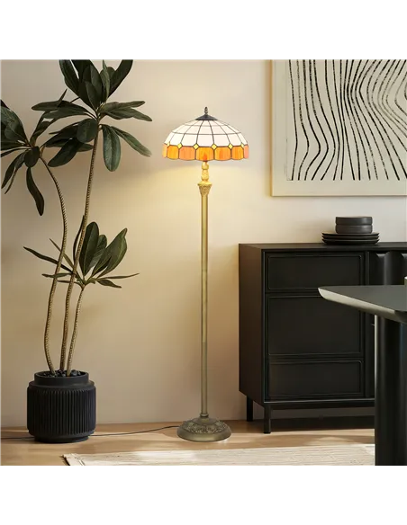 HOMCOM Tiffany-Style Floor Lamp with Handcrafted Stained Glass Shade, 152cm Tall Vintage Standing Lamp with Foot Switch and Dual