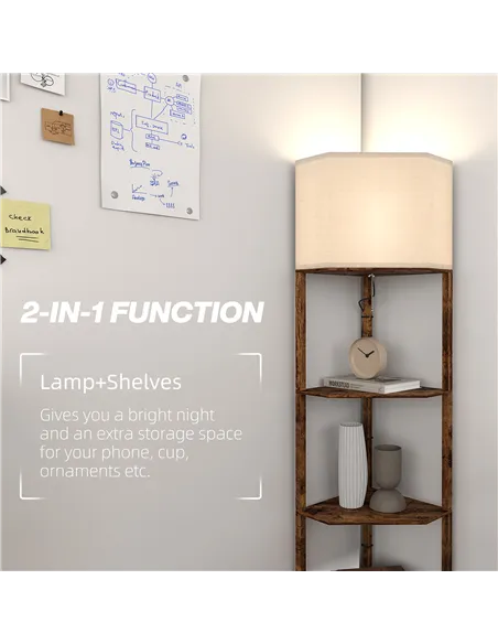 HOMCOM Corner Floor Light, with Shelves - Wood-Effect
