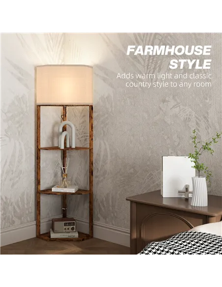 HOMCOM Corner Floor Light, with Shelves - Wood-Effect