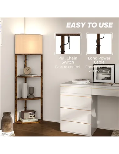 HOMCOM Corner Floor Light, with Shelves - Wood-Effect