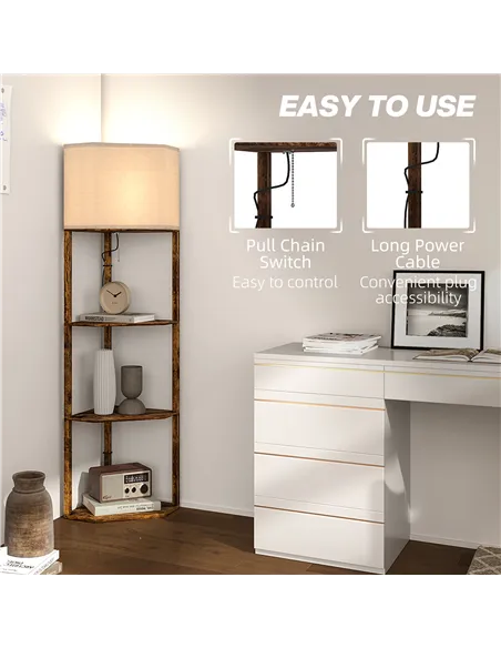 HOMCOM Corner Floor Light, with Shelves - Wood-Effect