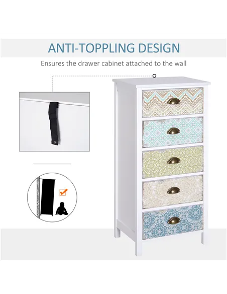 HOMCOM Chest of 5 Drawers Bedside Cabinet Side Storage Chest Entryway Living Room Bedroom Furniture Organizer Unit