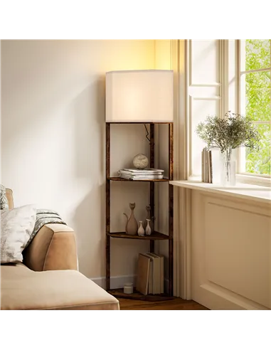 HOMCOM Corner Floor Light, with Shelves - Wood-Effect