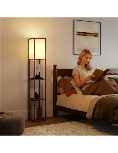 HOMCOM Floor Lamp with Shelves, 4 Layer Standing Lamp with USB Ports, 3 Colour Temperature, Rustic Brown