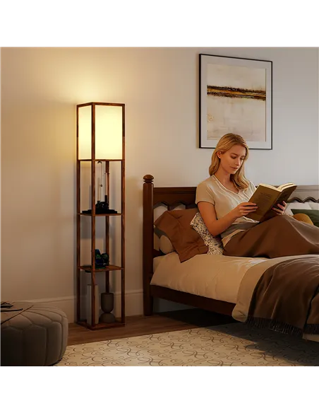 HOMCOM Floor Lamp with Shelves, 4 Layer Standing Lamp with USB Ports, 3 Colour Temperature, Rustic Brown