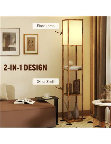 HOMCOM Floor Lamp with Shelves, 4 Layer Standing Lamp with USB Ports, 3 Colour Temperature, Rustic Brown