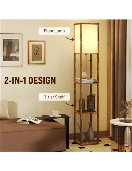 HOMCOM Floor Lamp with Shelves, 4 Layer Standing Lamp with USB Ports, 3 Colour Temperature, Rustic Brown