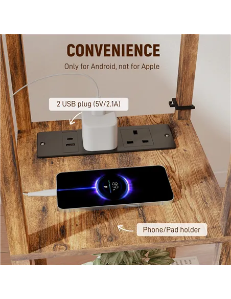 HOMCOM Floor Lamp with Shelves, 4 Layer Standing Lamp with USB Ports, 3 Colour Temperature, Rustic Brown