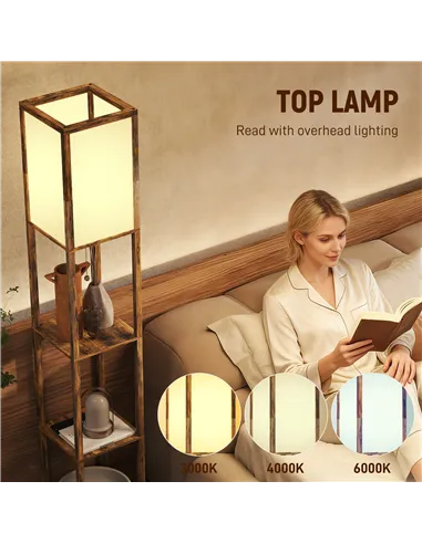 HOMCOM Floor Lamp with Shelves, 4 Layer Standing Lamp with USB Ports, 3 Colour Temperature, Rustic Brown