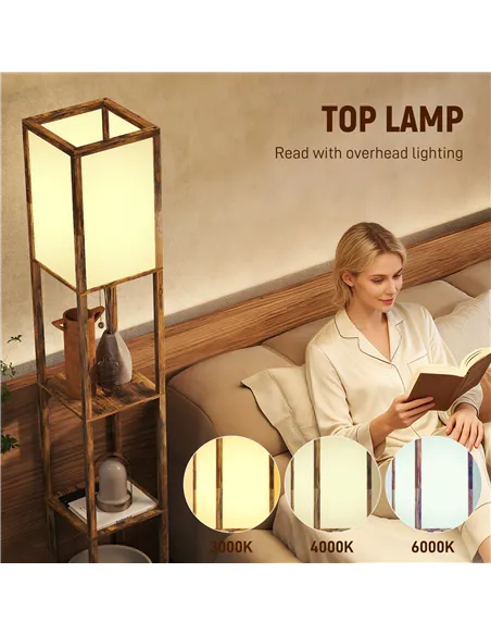 HOMCOM Floor Lamp with Shelves, 4 Layer Standing Lamp with USB Ports, 3 Colour Temperature, Rustic Brown