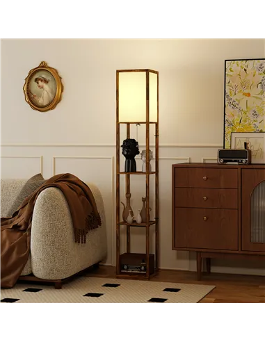 HOMCOM Floor Lamp with Shelves, 4 Layer Standing Lamp with USB Ports, 3 Colour Temperature, Rustic Brown