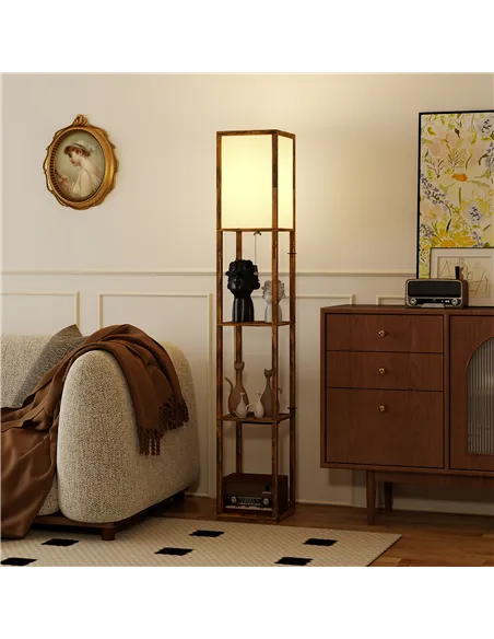 HOMCOM Floor Lamp with Shelves, 4 Layer Standing Lamp with USB Ports, 3 Colour Temperature, Rustic Brown