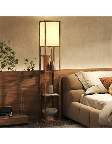 HOMCOM Floor Lamp with Shelves, 4 Layer Standing Lamp with USB Ports, 3 Colour Temperature, Rustic Brown