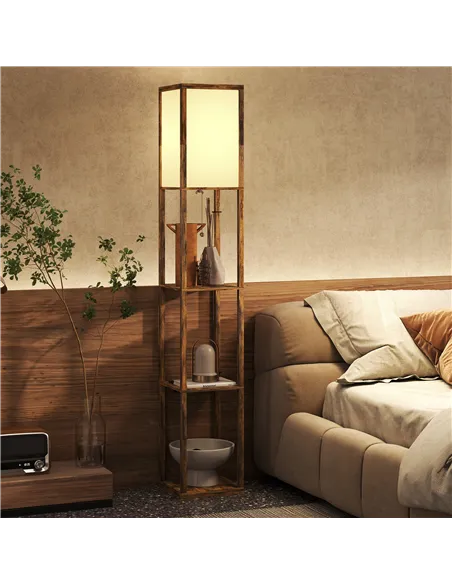 HOMCOM Floor Lamp with Shelves, 4 Layer Standing Lamp with USB Ports, 3 Colour Temperature, Rustic Brown