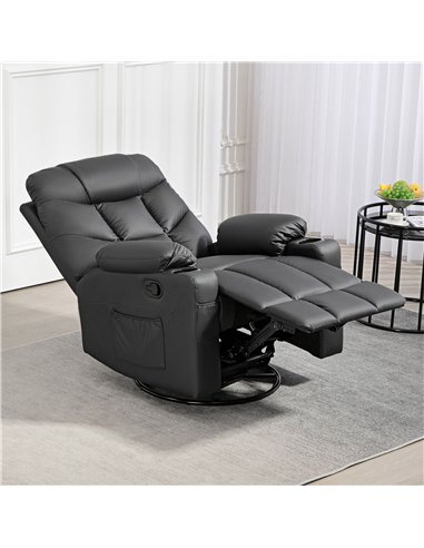 HOMCOM Manual Reclining Chair, Recliner Armchair with Swivel, Faux Leather, Footrest, Cup Holders, 86x93x102cm, Black