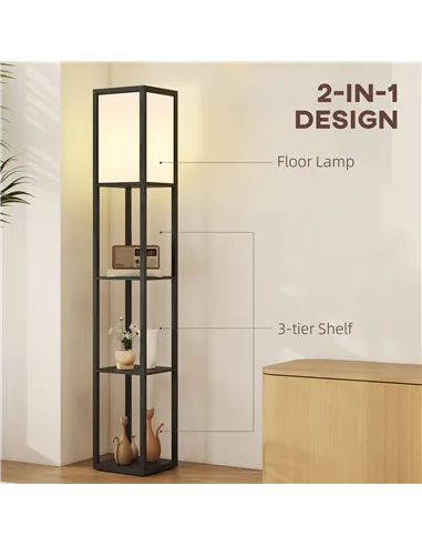 HOMCOM Floor Lamp with Shelves, 3 Layer Column Modern Standing Lamp for Living Room, Bedroom, Office, Bulb not Included, Black