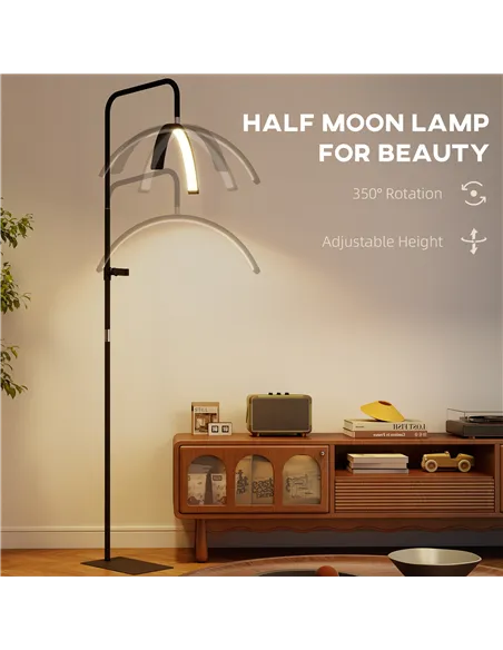 HOMCOM Half Moon Lash Light, Beauty Floor Lamp with 350° Rotatable Head, 7 Colour Temperature and Phone Holder, Dimmable Standin