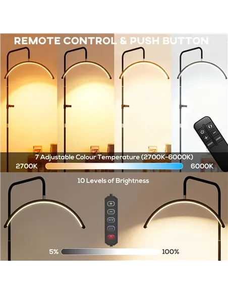 HOMCOM Half Moon Lash Light, Beauty Floor Lamp with 350° Rotatable Head, 7 Colour Temperature and Phone Holder, Dimmable Standin