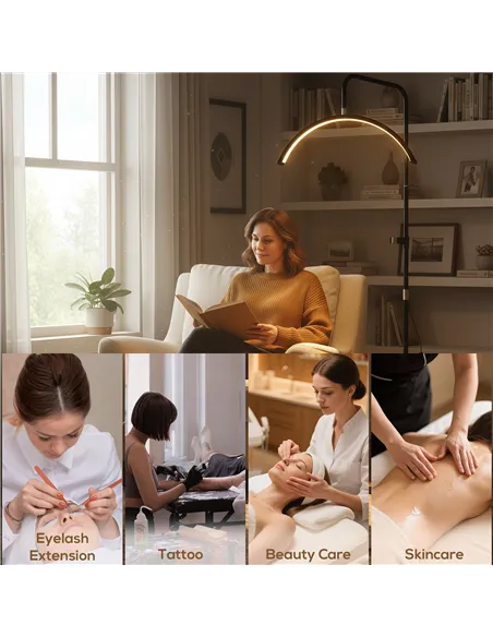 HOMCOM Half Moon Lash Light, Beauty Floor Lamp with 350° Rotatable Head, 7 Colour Temperature and Phone Holder, Dimmable Standin