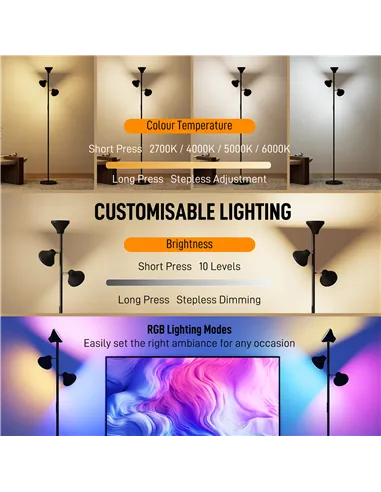 HOMCOM Three-Lamp Multi-Adjustable Floor Light - Black