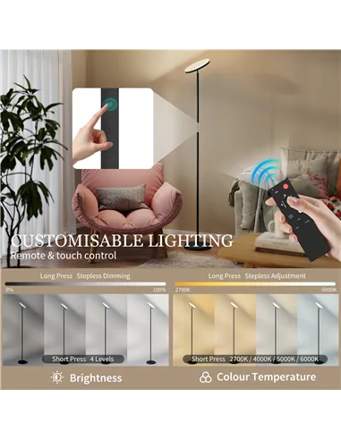 HOMCOM RGB Uplighter Floor Lamp, Tall Dimmable Standing Lamp with Remote & Touch Control, 350° Rotatable Head for Living Room Be
