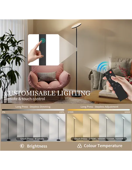 HOMCOM RGB Uplighter Floor Lamp, Tall Dimmable Standing Lamp with Remote & Touch Control, 350° Rotatable Head for Living Room Be
