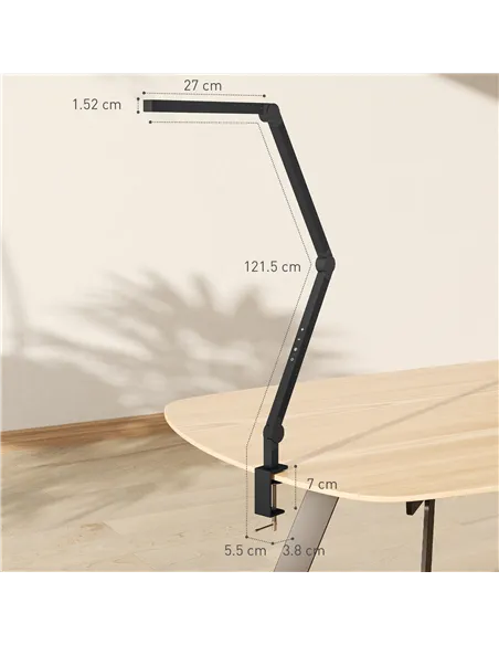 HOMCOM LED Desk Lamp, Dimmable Desk Light with Swing Arm and Clamp, Adjustable Eye-Caring Table Lamp with 2 Colour Modes & 5 Bri