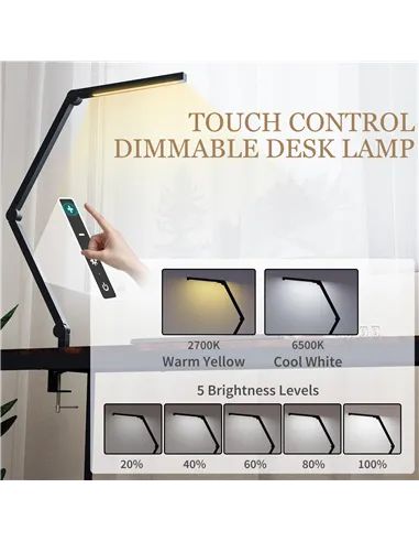 HOMCOM LED Desk Lamp, Dimmable Desk Light with Swing Arm and Clamp, Adjustable Eye-Caring Table Lamp with 2 Colour Modes & 5 Bri