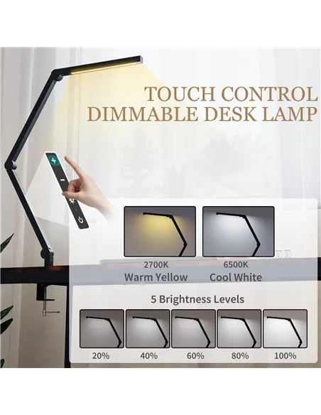 HOMCOM LED Desk Lamp, Dimmable Desk Light with Swing Arm and Clamp, Adjustable Eye-Caring Table Lamp with 2 Colour Modes & 5 Bri