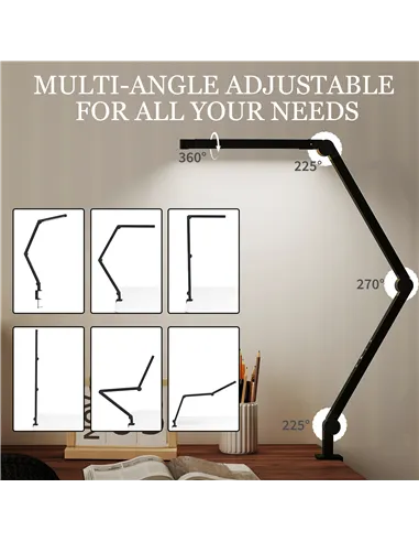 HOMCOM LED Desk Lamp, Dimmable Desk Light with Swing Arm and Clamp, Adjustable Eye-Caring Table Lamp with 2 Colour Modes & 5 Bri