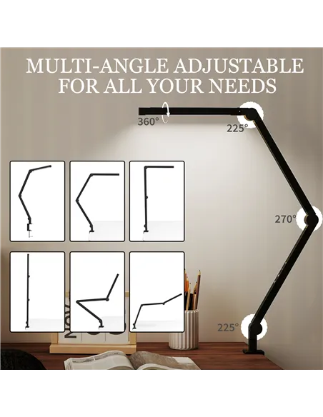 HOMCOM LED Desk Lamp, Dimmable Desk Light with Swing Arm and Clamp, Adjustable Eye-Caring Table Lamp with 2 Colour Modes & 5 Bri
