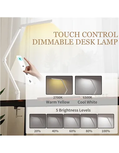 HOMCOM LED Desk Lamp, Dimmable Desk Light with Swing Arm and Clamp, Adjustable Eye-Caring Table Lamp with 2 Colour Modes & 5 Bri