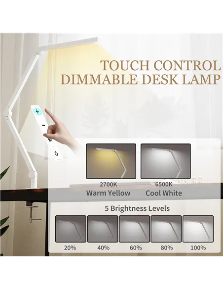 HOMCOM LED Desk Lamp, Dimmable Desk Light with Swing Arm and Clamp, Adjustable Eye-Caring Table Lamp with 2 Colour Modes & 5 Bri