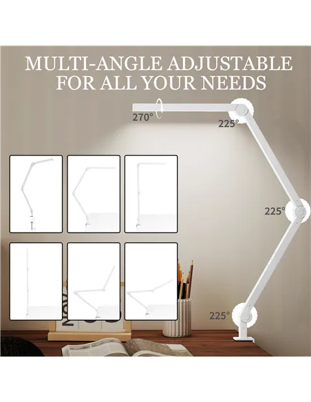 HOMCOM LED Desk Lamp, Dimmable Desk Light with Swing Arm and Clamp, Adjustable Eye-Caring Table Lamp with 2 Colour Modes & 5 Bri