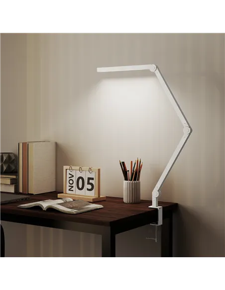 HOMCOM LED Desk Lamp, Dimmable Desk Light with Swing Arm and Clamp, Adjustable Eye-Caring Table Lamp with 2 Colour Modes & 5 Bri