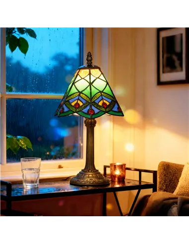 HOMCOM Tiffany-Style Table Lamp with Geometric Patterns, Handcrafted Antique Stained Glass Bedside Lamp for Living Room and Bedr