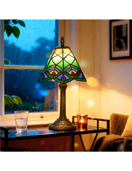 HOMCOM Tiffany-Style Table Lamp with Geometric Patterns, Handcrafted Antique Stained Glass Bedside Lamp for Living Room and Bedr