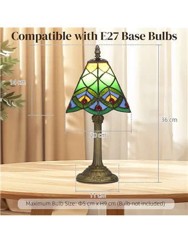 HOMCOM Tiffany-Style Table Lamp with Geometric Patterns, Handcrafted Antique Stained Glass Bedside Lamp for Living Room and Bedr