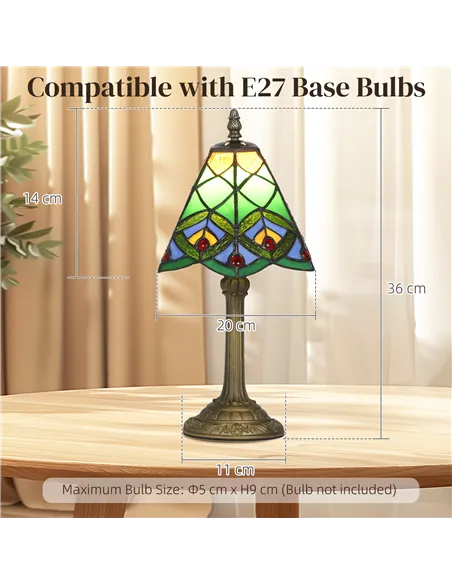 HOMCOM Tiffany-Style Table Lamp with Geometric Patterns, Handcrafted Antique Stained Glass Bedside Lamp for Living Room and Bedr