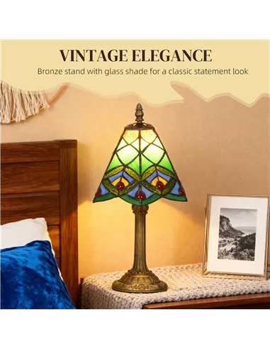HOMCOM Tiffany-Style Table Lamp with Geometric Patterns, Handcrafted Antique Stained Glass Bedside Lamp for Living Room and Bedr
