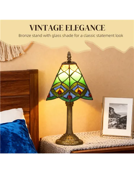 HOMCOM Tiffany-Style Table Lamp with Geometric Patterns, Handcrafted Antique Stained Glass Bedside Lamp for Living Room and Bedr