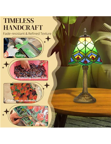 HOMCOM Tiffany-Style Table Lamp with Geometric Patterns, Handcrafted Antique Stained Glass Bedside Lamp for Living Room and Bedr