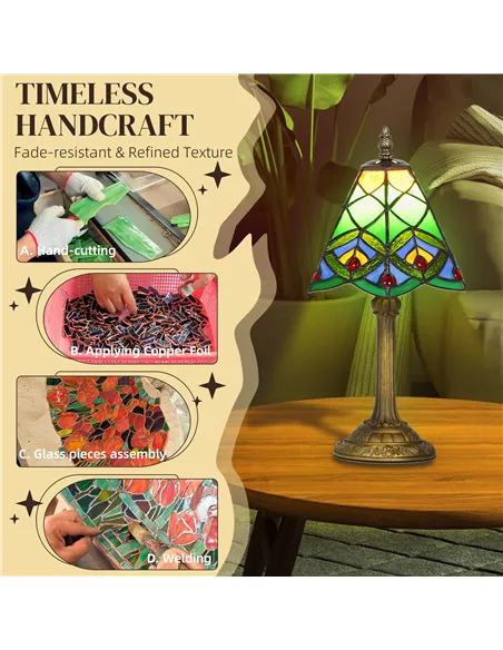 HOMCOM Tiffany-Style Table Lamp with Geometric Patterns, Handcrafted Antique Stained Glass Bedside Lamp for Living Room and Bedr