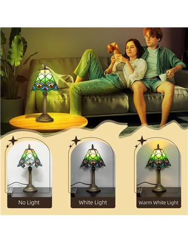 HOMCOM Tiffany-Style Table Lamp with Geometric Patterns, Handcrafted Antique Stained Glass Bedside Lamp for Living Room and Bedr