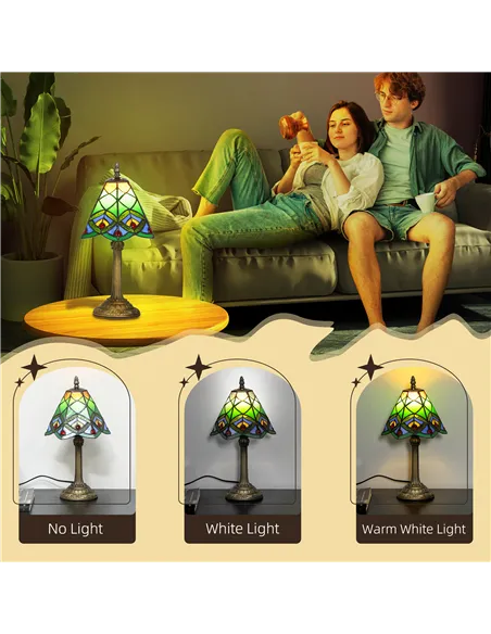 HOMCOM Tiffany-Style Table Lamp with Geometric Patterns, Handcrafted Antique Stained Glass Bedside Lamp for Living Room and Bedr