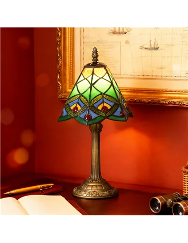 HOMCOM Tiffany-Style Table Lamp with Geometric Patterns, Handcrafted Antique Stained Glass Bedside Lamp for Living Room and Bedr